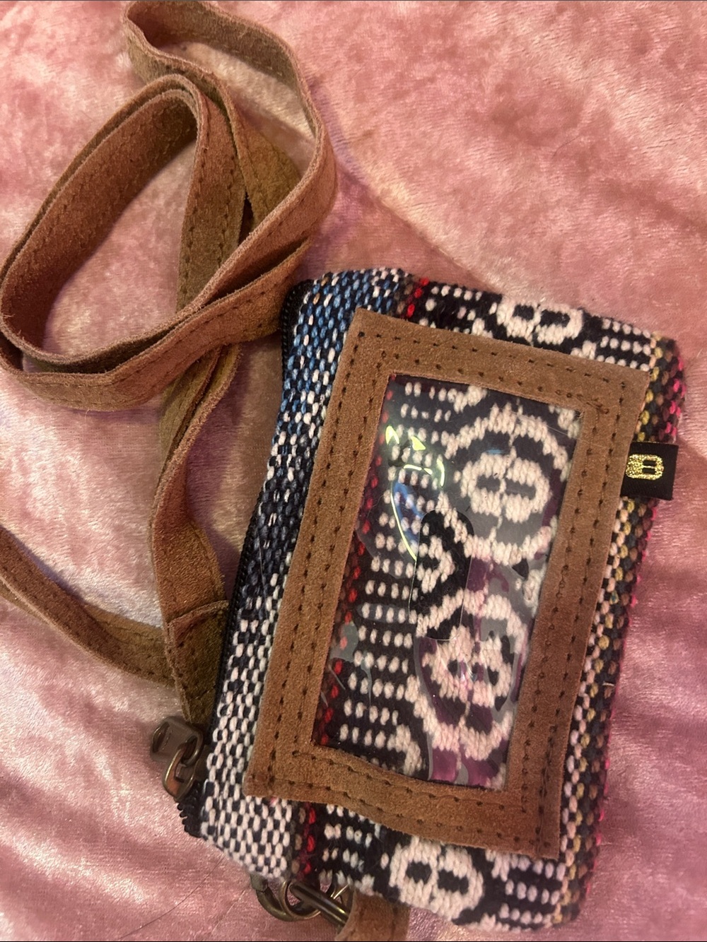 Suede-Trim Patterned Crossbody ID Wallet - Brown
